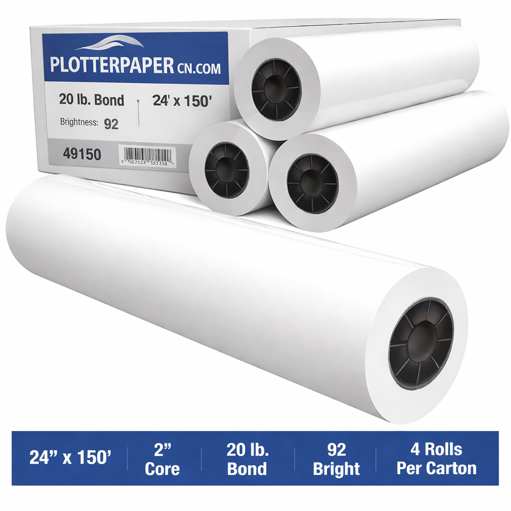 Premium Uncoated Bond Plotter Paper Rolls (20 lb / 80 gsm)
